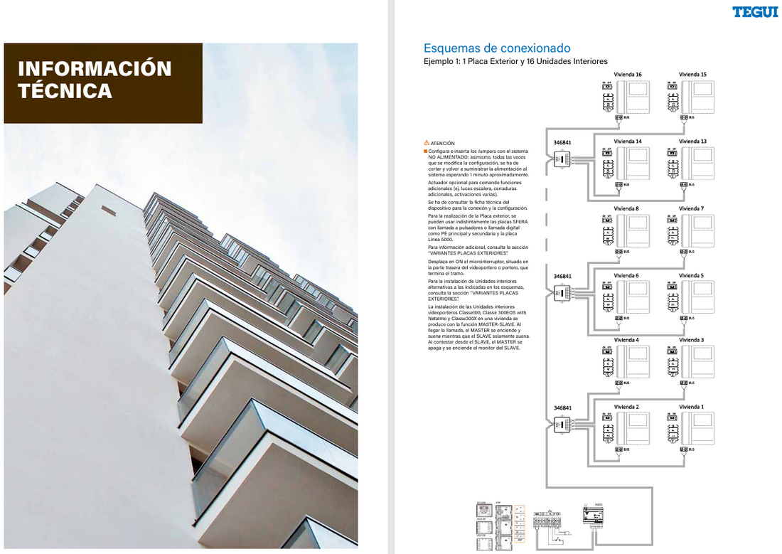 Esquema de conexionado BTicino Tegui 2 hilos – 1 placa exterior y 16 unidades interiores en edificio residencial
