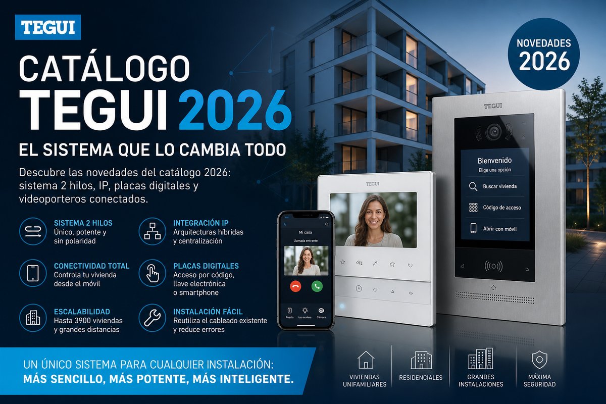 Catálogo Tegui BTicino 2026: sistema 2 hilos + IP, placas Línea 5000, monitores Classe 300X y videoportería conectada