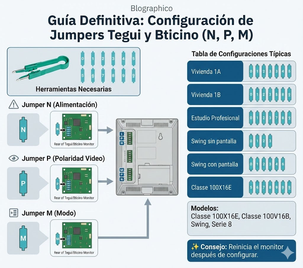 Configuración jumpers N P M monitores Tegui BTicino videoportero 2 hilos