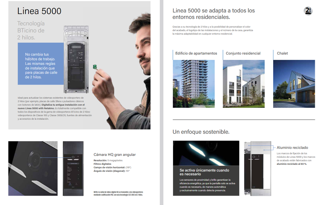 Linea 5000 BTicino Tegui - Placa de videoportero de 2 hilos con cámara HQ gran angular