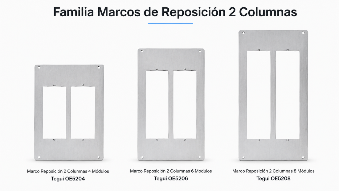 Familia Marcos de Reposición 2 Columnas Tegui – disponibles en 4, 6 y 8 módulos. Refs. 0E5204, 0E5206, 0E5208