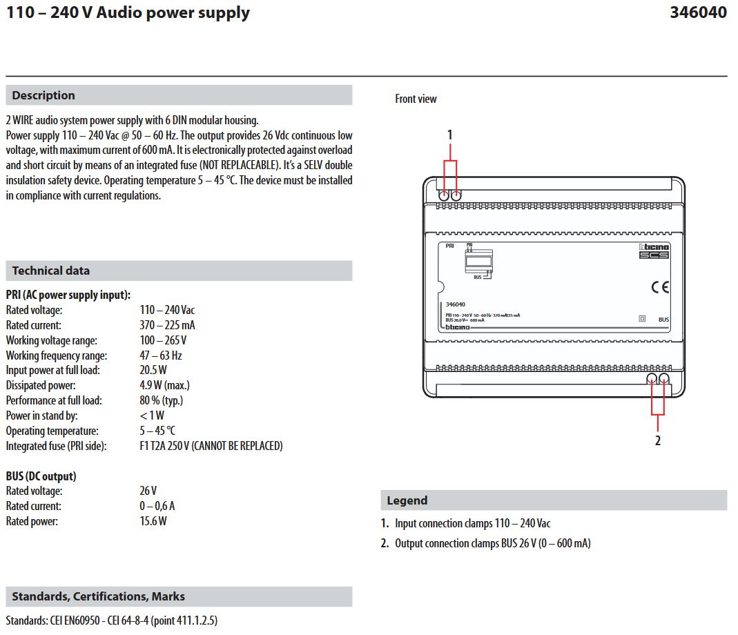 346040 BTicino 2-Wire SCS BUS Audio Power Supply | 26V 600mA