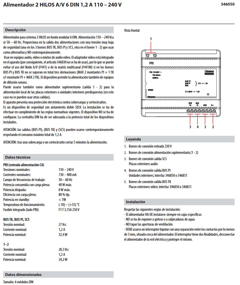 346050 Alimentador BUS SCS 2 Hilos + Adaptador Vídeo Classe 100 BTicino | 6 módulos DIN