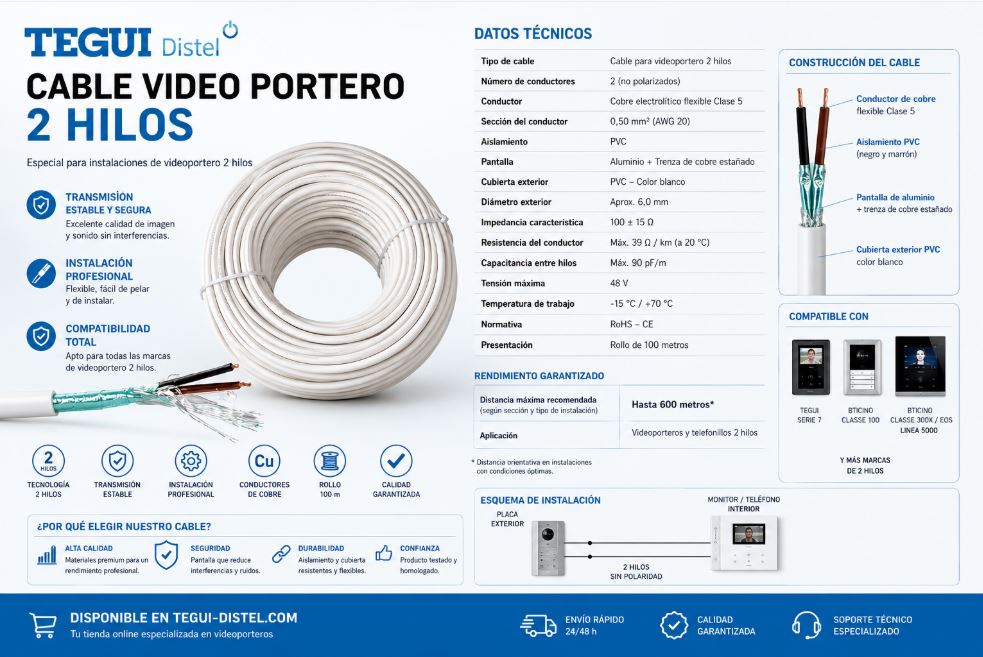 Cable 2 Hilos 100m VOV-K 2×0,5 mm² Apantallado – Ref. 95704